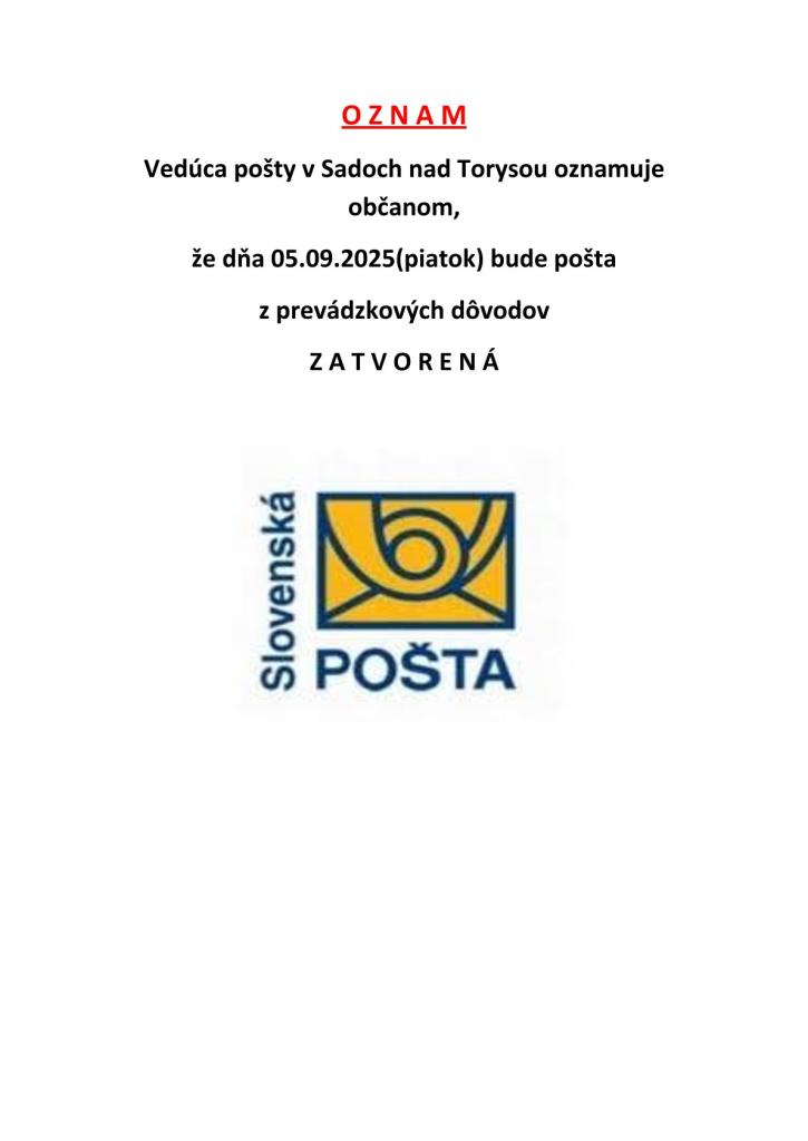 Zatvorená pošta 5.9.2025(piatok)